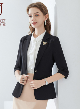 经典故事气质职业黑色西服外套女2026春秋新款修身七分袖休闲西装