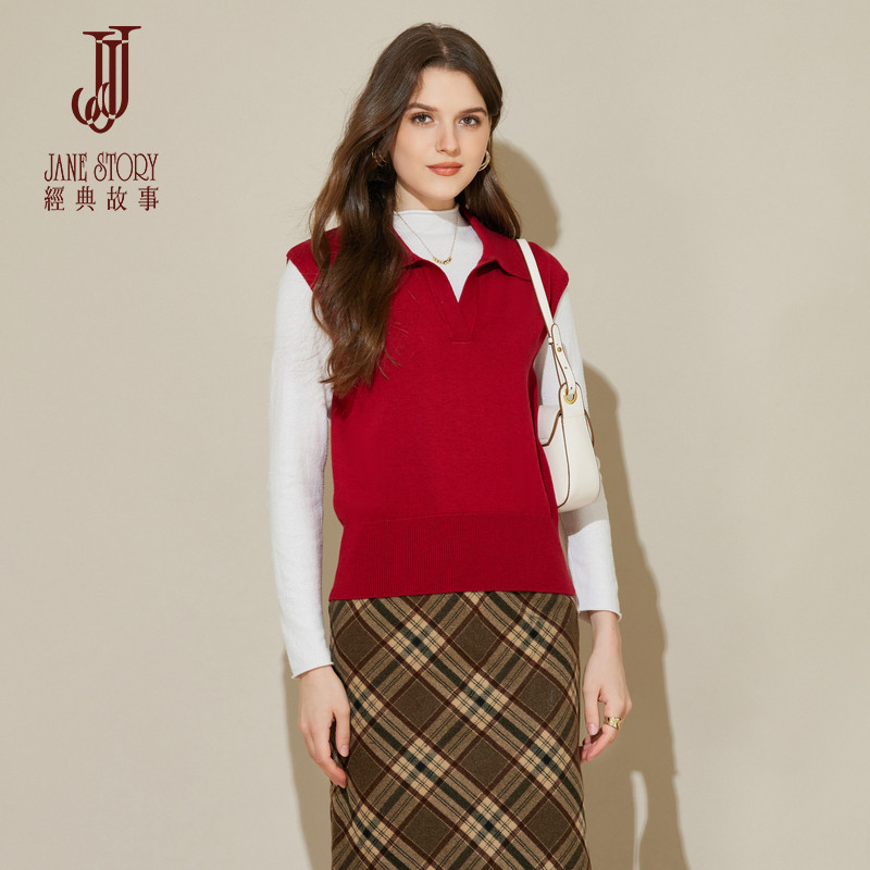 时髦小翻领针织衫上衣无袖短款