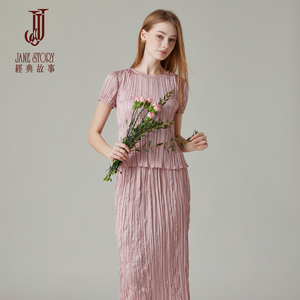 2026新款夏日粉色连衣裙套装裙女时尚气质短袖缎面半身裙两件套