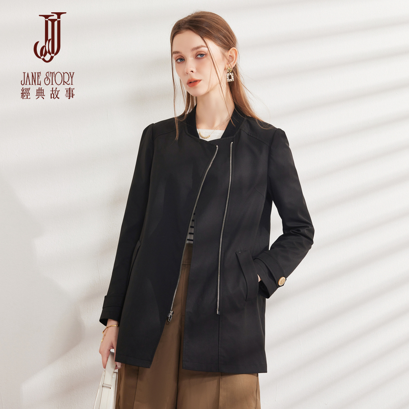 时髦棒球领中长款黑色风衣女2025春秋新款设计感别致小众拉链外套