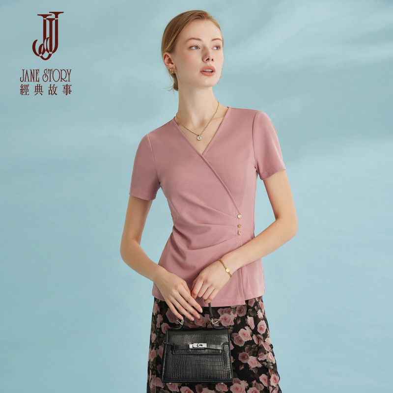 修身V领T恤女上衣女针织衫图片