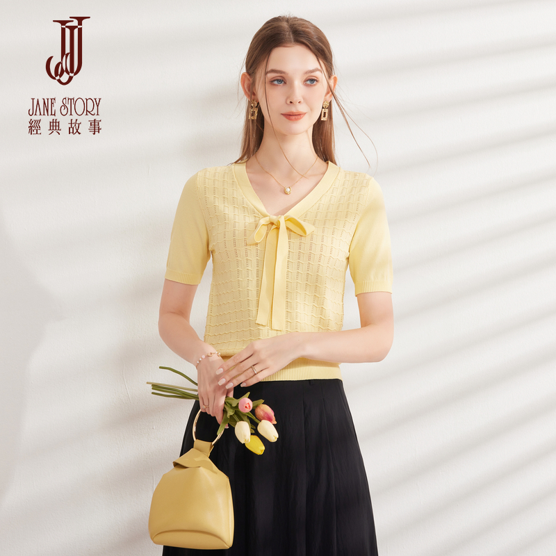 时尚系带领短袖针织上衣