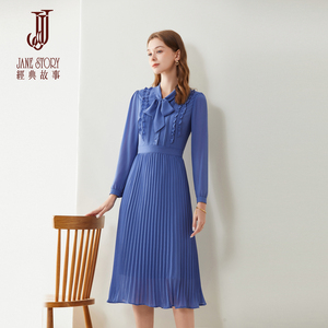 复古法式雪纺连衣裙女2026春秋新款设计感木耳边拼接系带领百褶裙