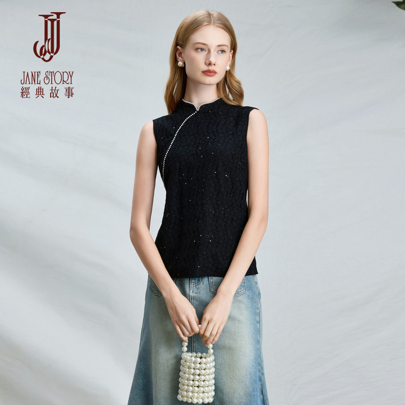 蕾丝旗袍上衣女无袖立领小衫