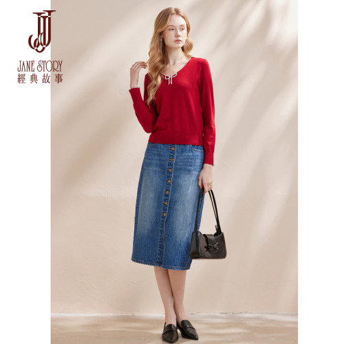 薄款红色针织衫上衣女钉珠毛衣