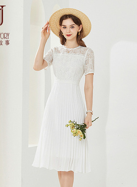 法式白色雪纺连衣裙女2026夏季新款优雅气质高级感拼接蕾丝百褶裙