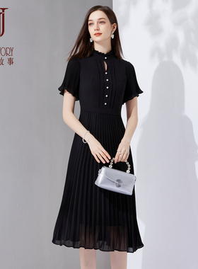 2026新款红色知性连衣裙女夏季设计感花边领百褶裙气质优雅长裙