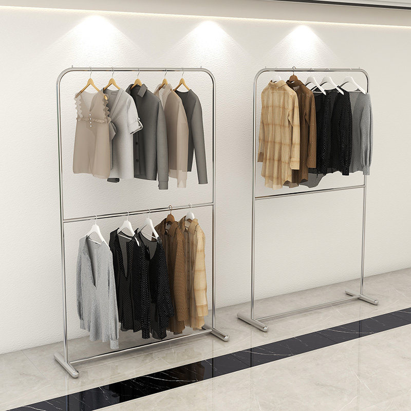 服装店展示架不锈钢拉丝银落地式双层可调节挂衣杆女装店挂衣货架
