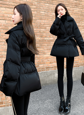 2025新款女装冬季修身收腰中长款羽绒服女西装领90白鸭绒外套黑色