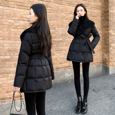 2025年新款女装冬季修身收腰中长款羽绒服女黑色显瘦针织翻领外套