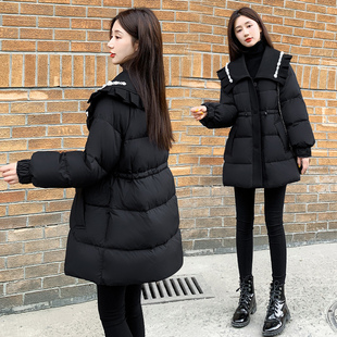 2025新款女装冬季收腰中长款羽绒服女黑色显瘦钉珠娃娃领外套女生