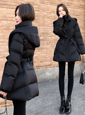 2025年冬季新款女装假两件中长款收腰羽绒服女连帽白鸭绒保暖外套