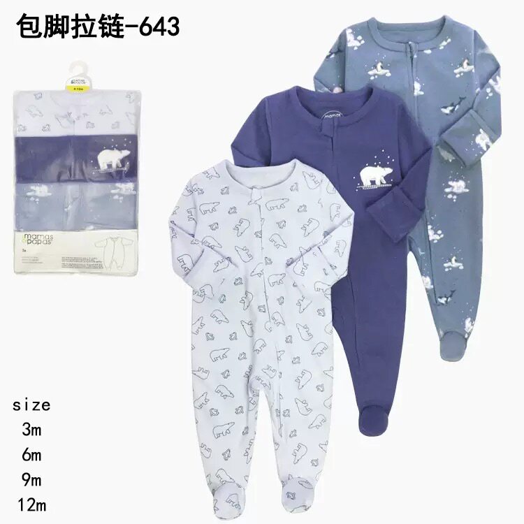 mamas外贸原单婴儿拉链连体衣纯棉包手包脚宝宝防抓脸睡衣bb衫3件