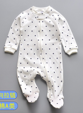 外贸ins婴儿双向拉链连体衣连袜子纯棉A类新生儿宝宝包脚睡觉衣服