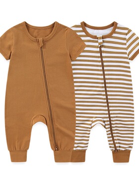 Kiddiezoom婴儿短袖长裤连体衣a类宝宝条纹哈衣双向拉链爬服ins风