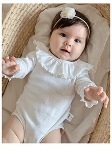 2025女童长袖包屁衣婴儿荷叶领哈衣女孩宝宝纯色木耳边白色连体衣
