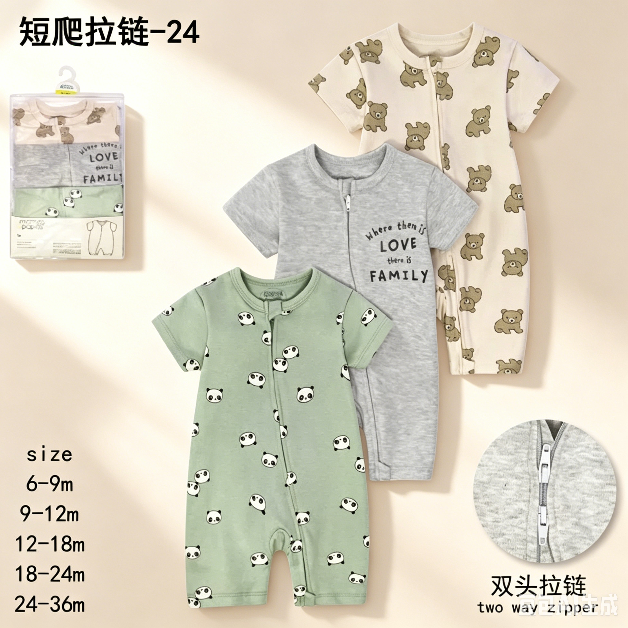 Mamaspapas新生婴儿衣服短爬双头拉链短袖连体衣宝宝哈衣爬服bb衫