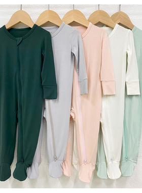外贸连袜婴儿服竹纤维包脚睡衣防抓脸宝宝拉链连体衣baby clothes