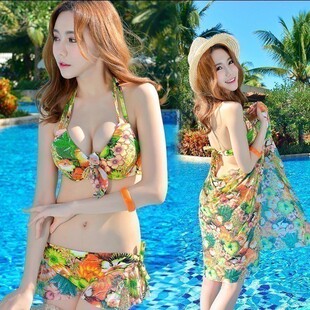 比基尼泳衣女性感裙子暴露诱惑2025新款三件套大胸罩杯钢托游泳衣