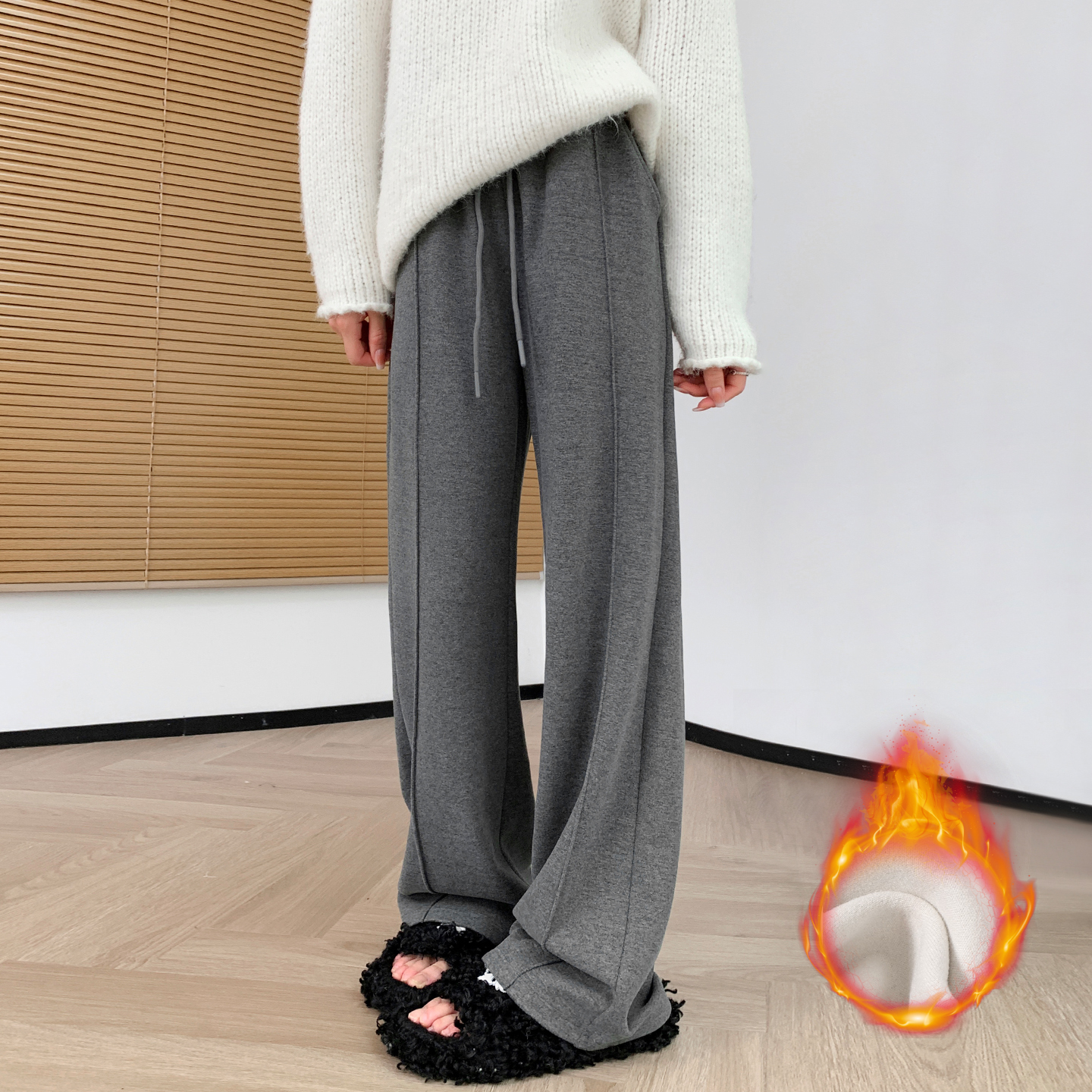 Madallo羊毛蚕丝窄版阔腿裤加绒