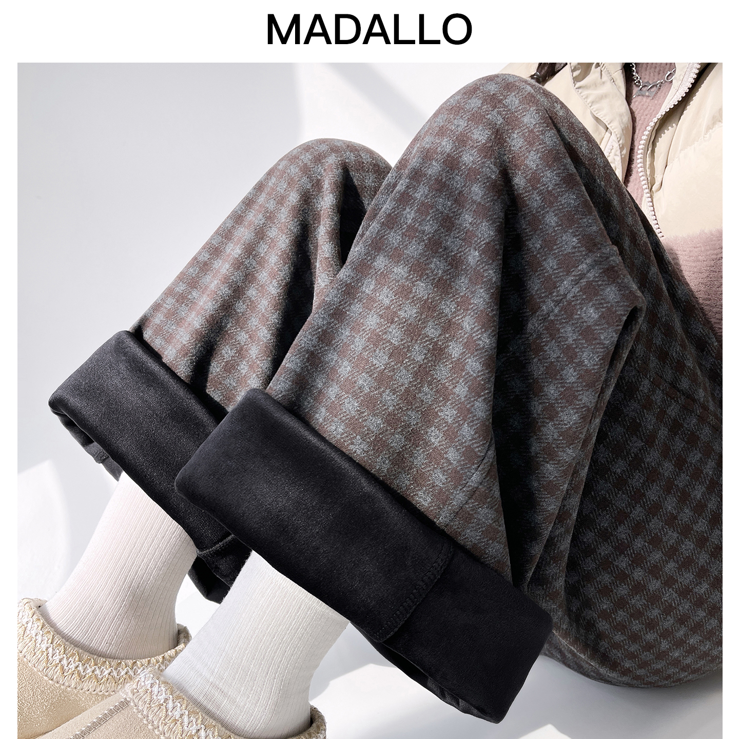 复古棋盘格阔腿裤女秋冬慵懒垂顺