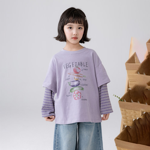 哈依鲁2026春秋季新款女童纯棉长袖T恤儿童中大童假两件时尚上衣