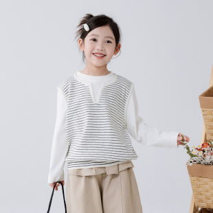 哈依鲁2026春秋季新款女童纯棉长袖T恤儿童中大童假两件马甲上衣