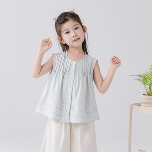哈依鲁2026夏季新款女童娃娃衫儿童中大童纯棉无袖衬衫纯色上衣