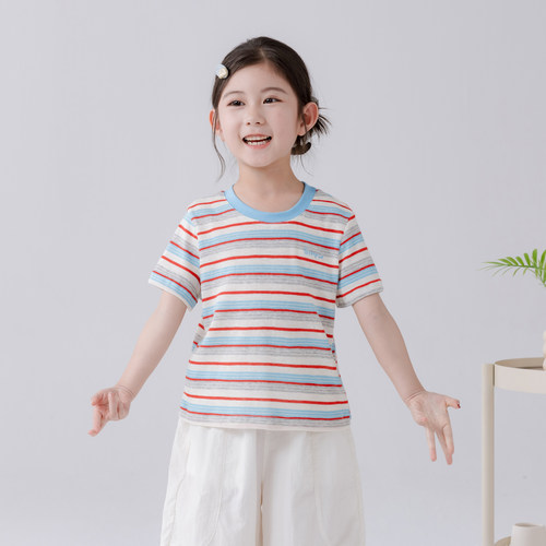 哈依鲁2026夏季新款女童短袖T恤儿童中大童弹力条纹纯棉辣妹上衣