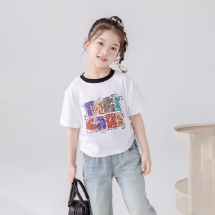 哈依鲁女童夏季纯棉时尚短袖T恤儿童中大童学生黑色白色宽松上衣