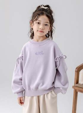 哈依鲁女童秋冬季新款时尚加绒卫衣儿童中大童紫色一体绒宽松上衣