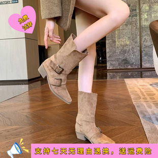 复古绒面大筒围瘦瘦靴女粗跟西部牛仔靴粗腿宽胖脚大码女鞋