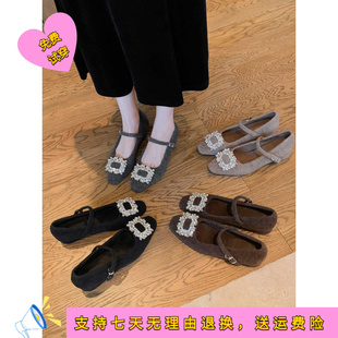 水钻方扣毛毛玛丽珍鞋女秋冬加绒方头一字带粗跟鞋子保暖法式单鞋