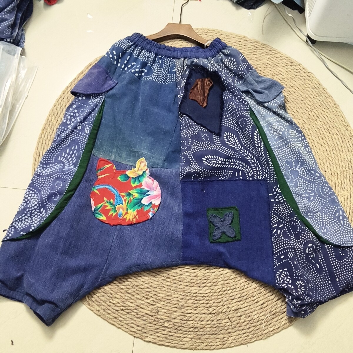 复古做旧土布拼接豆染贴布宽松大版个性时尚掉档大垮裤休闲裤