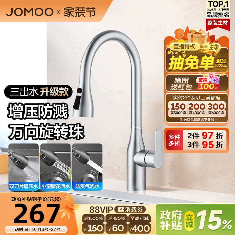 【政府补贴15%】九牧卫浴水龙头可抽拉式厨房冷热水槽旋转防溅