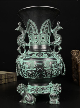 青铜器仿古摆件三狮瓶纯铜花瓶