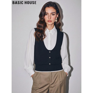Basic House/百家好假两件拼接翻领衬衫女士2026春季新款通勤上衣