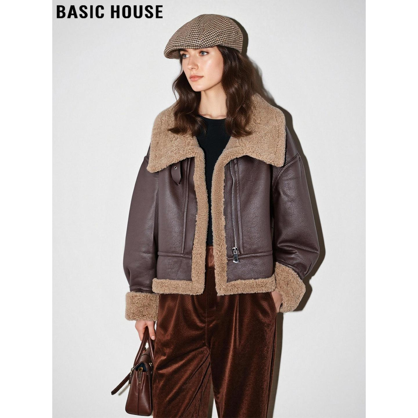 百家好深咖色加厚皮毛一体夹克女