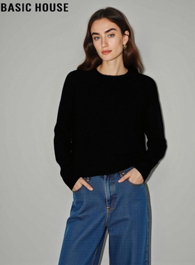 Basic House/百家好黑色慵懒风100%羊毛针织衫女秋冬圆领内搭毛衣