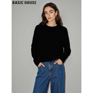 Basic House/百家好黑色慵懒风100%羊毛针织衫女冬季圆领内搭毛衣