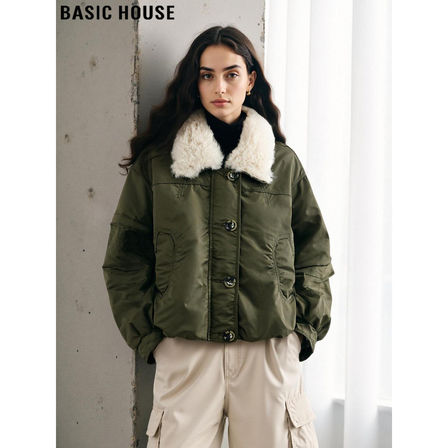 Basic House/百家好高级感军绿色加厚带毛领羽绒服外套女2025冬季