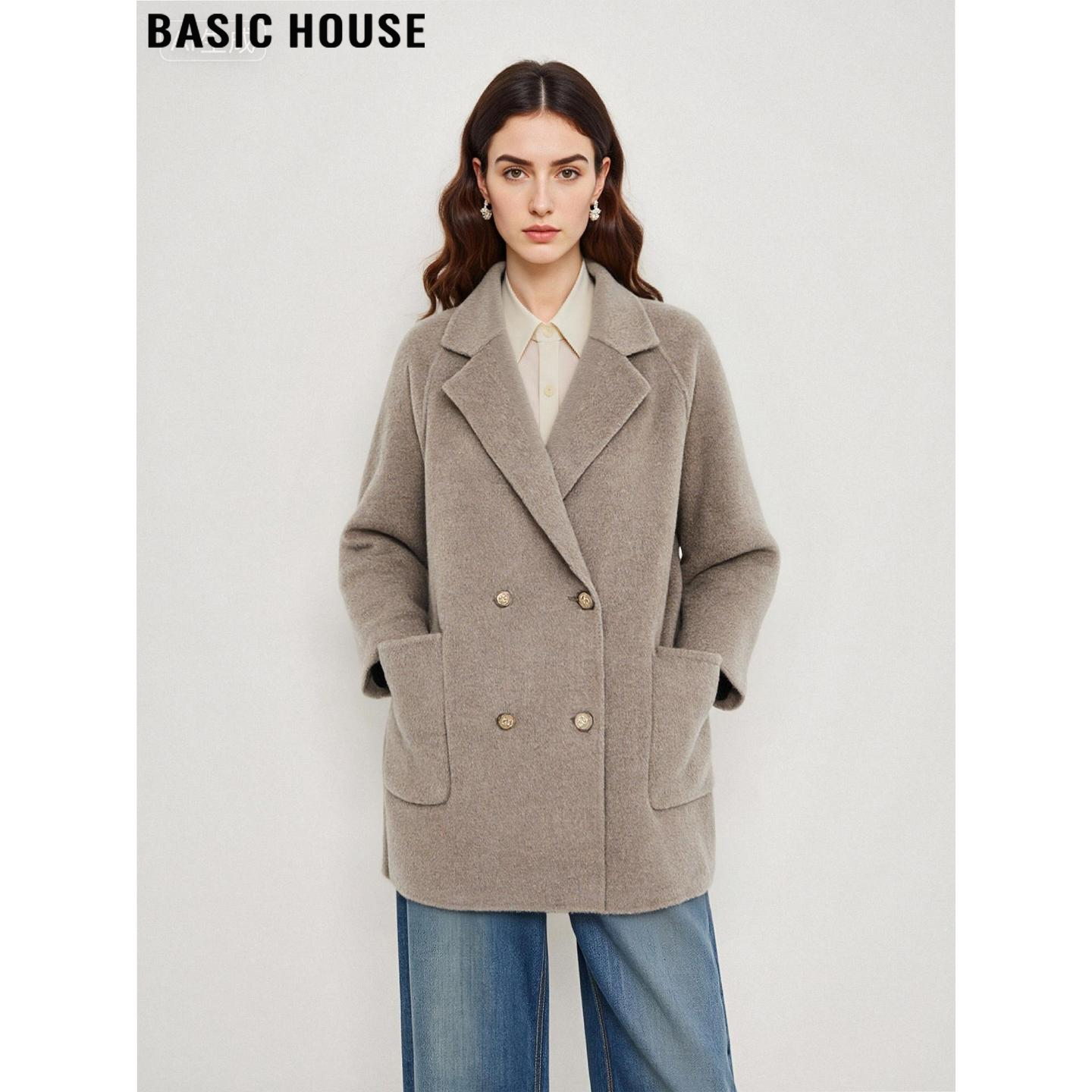 V领毛呢西装外套中长款呢子大衣