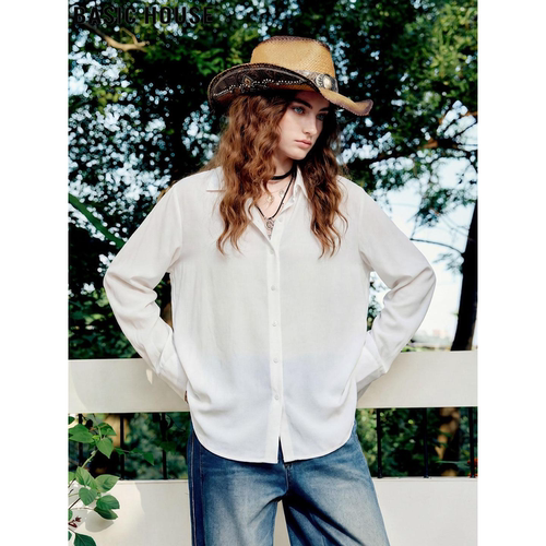 百家好白色翻领长袖薄款衬衫女