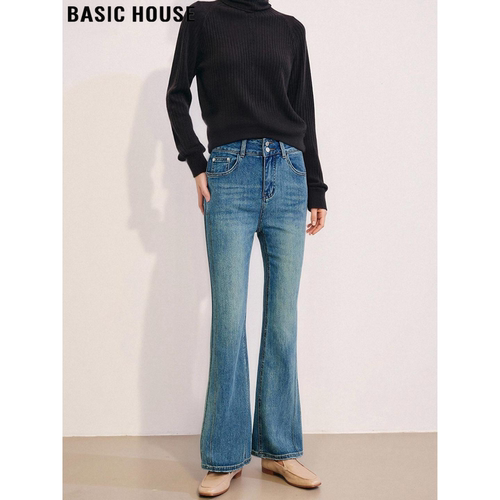 百家好复古怀旧蓝微喇叭牛仔裤女