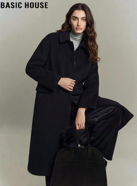 Basic House/百家好黑色羊毛毛呢外套女冬季软糯翻领过膝长款大衣