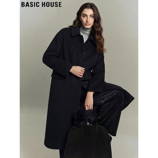 软糯翻领过膝长款 百家好黑色羊毛毛呢外套女春季 大衣 House Basic