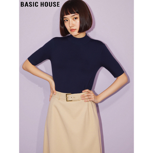 女2026春季 百家好藏蓝色半高领针织衫 新款 中袖 Basic 打底衫 House