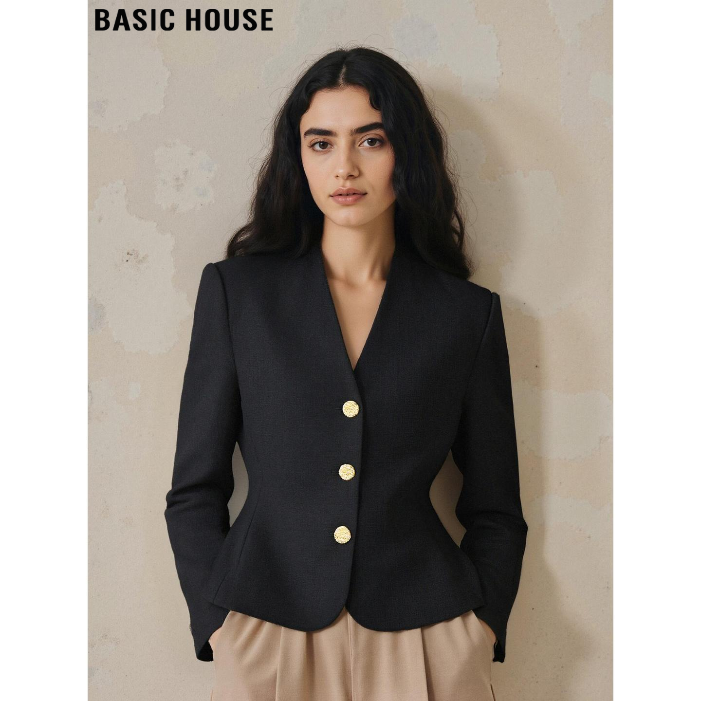 Basic House/百家好黑色V领西装外套女士2026早春新款小个子西服