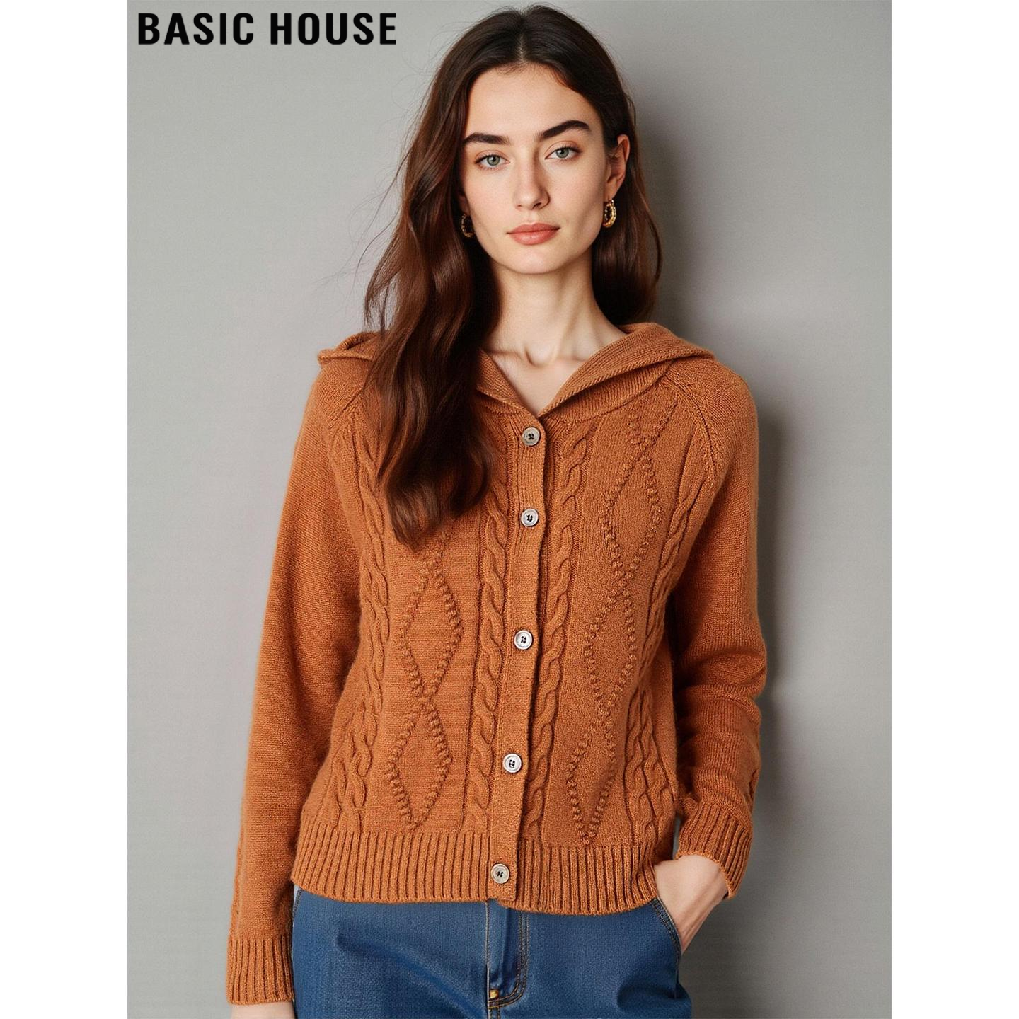 百家好复古100%羊毛连帽针织开衫