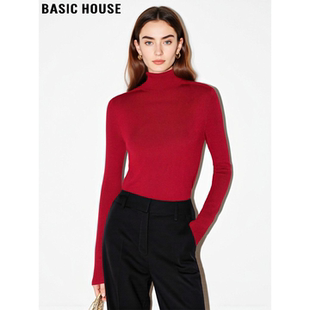 Basic House/百家好本命年红100%羊毛高领针织衫女冬修身打底毛衣